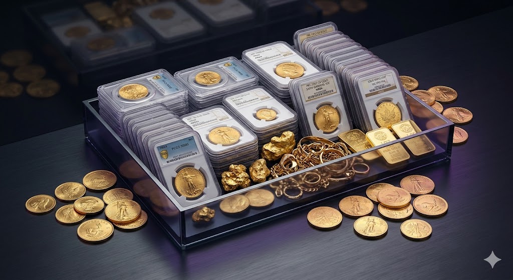 A sophisticated assortment of bulk gold coins, numismatic investment lots, gold bars, and raw nuggets, showcasing a high-value asset portfolio in a modern glass and slate display.
